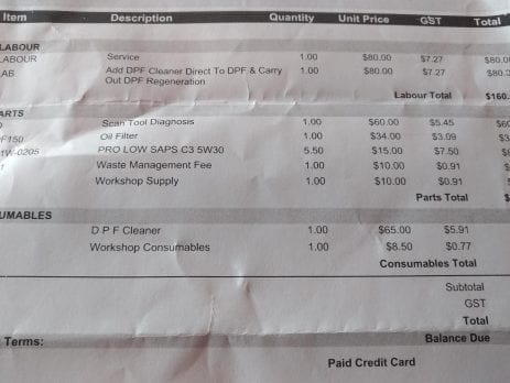 expensive DPF cleaning invoice